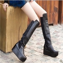 新款真皮厚底欧美坡跟过膝靴春秋长靴弹力布高筒靴骑士女靴子瘦腿