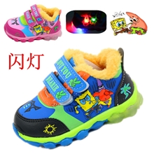 冬季新款闪灯宝宝加绒运动童鞋批发海绵宝宝防滑保暖幼儿棉鞋