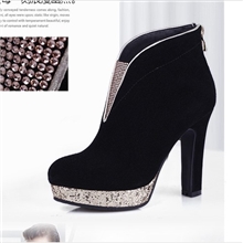 欣婕雅女鞋短靴水钻装饰真皮牛翻绒砂钻纕边防水台真皮高跟鞋