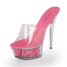 新款15CM超高跟细跟厚底台玫瑰花朵透明水晶鞋35-43码时尚凉拖鞋