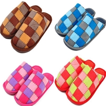 A222013新款彩色格子补丁情侣拖鞋毛绒吹气底拖鞋慈溪棉拖鞋