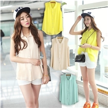 淘宝爆款韩版时尚双层雪纺衫翻领无袖娃娃领糖果色女不规则上衣