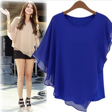 厂家直销多色蝙蝠袖雪纺衫宽松大码圆领短袖假两件不规则衬衫