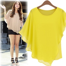 2013厂家直销夏蝙蝠袖雪纺衫宽松大码圆领短袖打底不规则衬衫