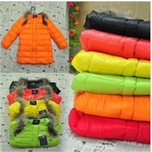 批发外贸儿童羽绒服大牌肩膀毛毛女童中长款拉链羽绒服