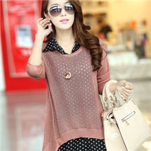 批发新款女秋装韩版长袖镂空针织罩衫雪纺衬衫两件套毛衣