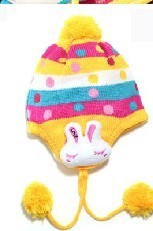 秋冬韩版加厚童帽护耳帽LOVE小兔多彩圆点针织帽儿童护耳帽单帽