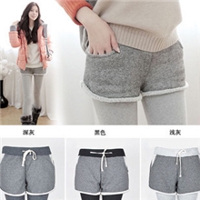 韩版秋冬时尚修身抽绳多口袋补丁短裤式假两件打底裤义乌批发