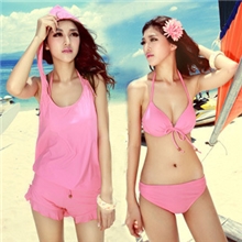 韩国女分体泳衣平角比基尼四件套钢托小胸聚拢显瘦泳装批发