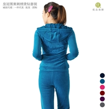 高品质天鹅绒运动套装女运动服运动休闲套装皇冠刺绣烫钻款