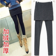 2013秋冬款假两件包臀烫钻加绒打底裤批发九分裤韩国外贸原单女装