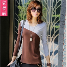 【安哲丽】新款韩版女装女士打底衫修身显瘦拼接撞色长袖t恤批发