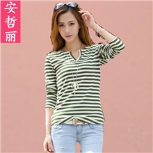 【安哲丽】新款海军风条纹女式韩版修身V领女士打底衫长袖t恤批发