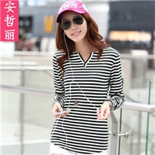 【安哲丽】冬新款女式修身保暖加绒加厚V领条纹长袖打底衫T恤批发