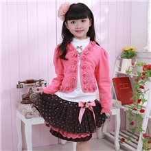 佛山货源秋冬款女童套装外贸长袖三件套裙竖排玫瑰三色童装批发