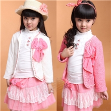 童套装外贸原单童裙秋冬款韩版蕾丝蝴蝶结大花女童三件套裙批发