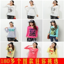 特价伙拼秋季新款女装女式休闲印花圆领t桖汗衫女士长袖T恤批发