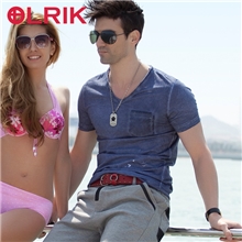 OLRIK夏季潮男士短袖T恤男式纯棉V领修身脏洗复古t恤男装批发