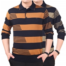 新款秋装柒牌男士长袖t恤中年商务翻领条纹加大码男装新品t恤