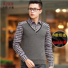 【伙拼】假两件保暖衬衫男加绒加厚商务格子保暖针织衬衣批发