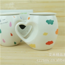 艾米陶瓷批发创意杯彭形杯带盖情侣杯心形手把杯大肚礼品杯促销杯