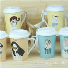 高温陶瓷促销男女孩杯子,简易花