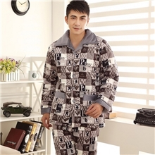 秋冬季男士圆点加厚超柔珊瑚绒夹棉棉袄睡衣家居服套装