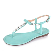 玉步之恋厂家直销透气水钻平底小坡跟串珠罗马夹趾女凉鞋女鞋