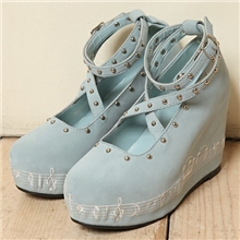 日本原单VA春季新款电绣音符曲美厚底坡跟铆钉带子搭扣圆头单鞋