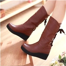2013坡跟靴系带马丁靴圆头后系带PU防水台厚底松糕靴坡跟xz034