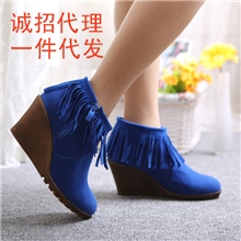 欧美新款坡跟女靴批发/流苏防水台短靴女靴厂家女鞋免费代理