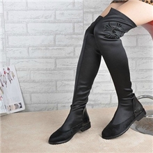 klx马毛弹力布配皱漆皮长靴平底粗方跟鞋真皮