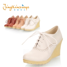 【11.18抢购】防水台圆头单鞋批发jdx106高跟坡跟前系带女鞋