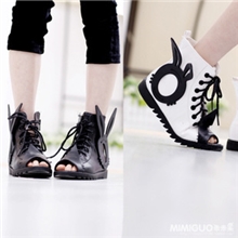 童鞋批发2013拼小兔头PU系带侧拉链儿童鱼嘴鞋女童凉鞋高帮靴单鞋