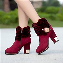 新款时尚奢华獭兔毛皮草保暖女靴金属装饰舒适粗高跟真皮马丁靴