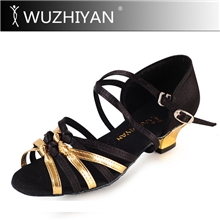 拉丁舞鞋女式儿童舞蹈鞋少儿拉丁鞋金色PU加黑色缎面软底鞋