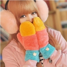 韩国冬季可爱保暖毛绒爱心手套全指女士糖果色手套毛线手套批发