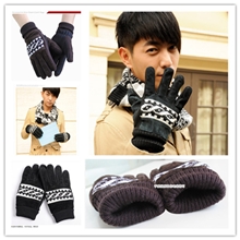秋冬季新款加绒加厚猪皮真皮针织男士骑车防寒双层保暖手套批发