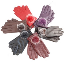 秋冬女士新款全PU皮手套可爱兔毛球保暖户外机车加绒保暖手套批发