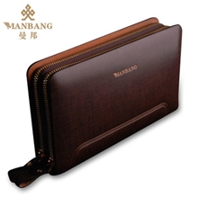 正品曼邦男士手包新款商务休闲真牛皮手拿包手抓包拉链男包包
