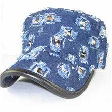 厂家直销时尚牛仔破洞平顶帽子豹纹破洞牛仔帽军泰