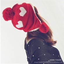爱心图案保暖毛线帽子韩版秋冬针织帽子女可爱护耳帽批发热卖