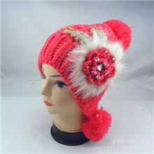爆款2013新款针织帽带毛毛梅花帽子秋冬保暖帽子毛线帽子热卖批发