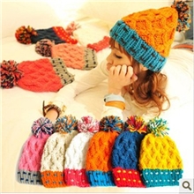 CR8040热卖撞色百搭球球针织帽菱形彩球针织帽子批发