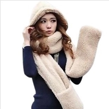 新款韩国秋冬羊羔绒连帽毛绒加厚情侣围脖围巾帽子手套一体女
