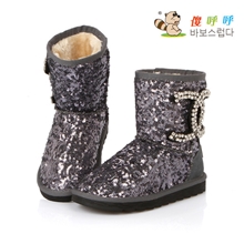 儿童雪地靴女童靴子中大童鞋冬亮片中筒棉靴真皮防滑防水亲子棉鞋
