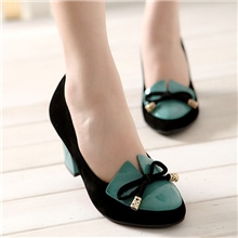 2013品牌同款新款撞色拼接金色铃铛蝴蝶结舒适高跟圆头女浅口单鞋