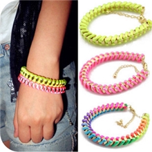 外贸彩色丝线编织手链荧光手链金属链条情侣手链饰品批发