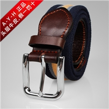 【爆款】男士新款松紧日字扣休闲牛皮间色凹凸针扣宽腰带裤带帆布