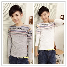 男士休闲长袖T恤秋装男式圆领民族风长体恤批发男小骷髅头印花